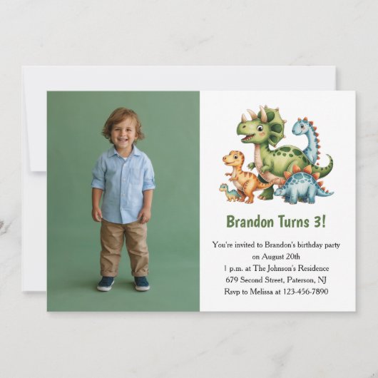 Cute Boy Dinosaur Photo Kids 3rd Birthday Party Kaart (Voorkant)