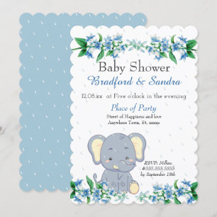 Cute Boy Elephant Blue Floral Baby shower Kaart