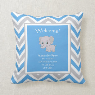 Cute Boy Elephant Chevron Birth Stats Blue Gray Kussen
