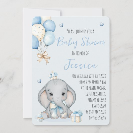 Cute Boy Elephant Prince Baby Shower Invitation (Devant)