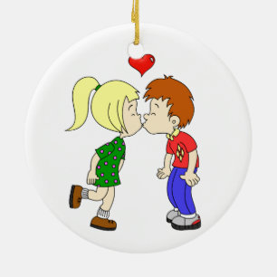 Cute boy girl kiss cartoon keramisch ornament