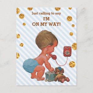 Cute Boy on Phone Stripes Gold Stippen Baby shower Kaart