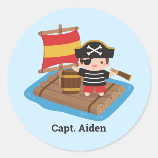 Cute Boy Pirate on Raft Kinder Personalized Ronde Sticker (Voorkant)