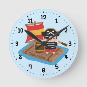 Cute Boy Pirate Set Sail Wooden Raft Kinder Room Ronde Klok