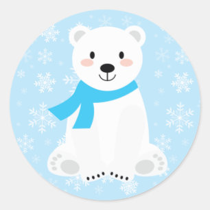 Cute Boy Polar Beer Winter Snowflake Blue Ronde Sticker