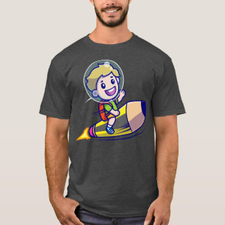 Cute Boy Riding Pencil Rocket Cartoon T-shirt