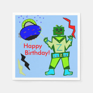 Cute Boy Robot Blue Spaceship Birthday Servetten