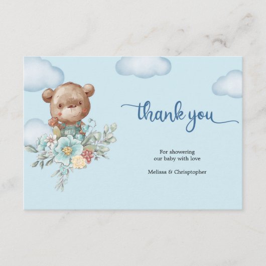 Cute boy teddy draagt heteluchtballon bedankt informatiekaartje (Voorkant)