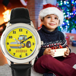 Cute boys add name cartoon road roller horloge