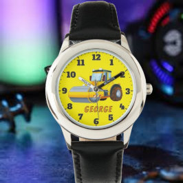 Cute boys add name cartoon road roller horloge
