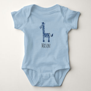 Cute Boy's Blue Waterverf Giraffe Safari en Name Romper