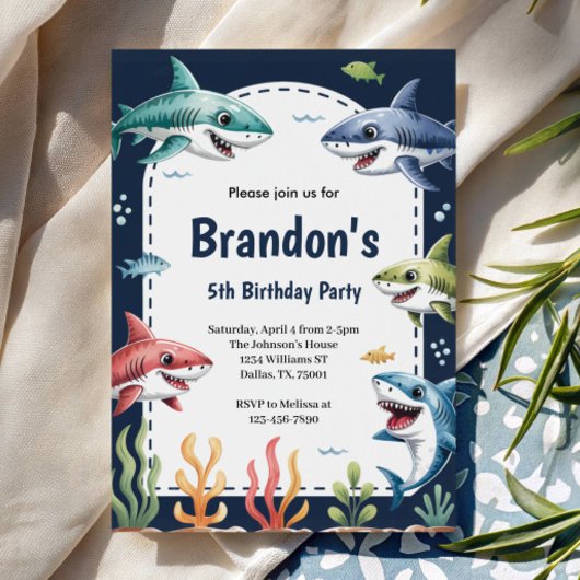 Cute Boys Watercolor Shark Birthday Party Kaart