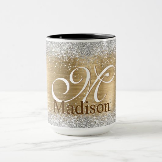 Cute braad goudpleisterkalk zilverglitter monogram mok (Midden)