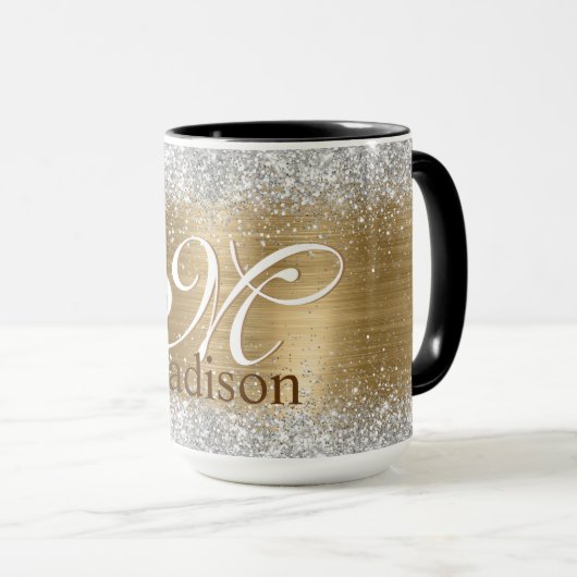 Cute braad goudpleisterkalk zilverglitter monogram mok (Voorkant rechts)