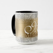 Cute braad goudpleisterkalk zilverglitter monogram mok (Voorkant links)