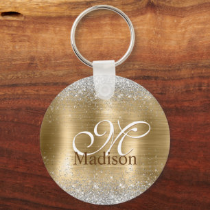 Cute braad goudpleisterkalk zilverglitter monogram sleutelhanger