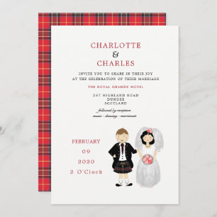 Cute Bride and Groom Scottish Tartan Wedding Theme Kaart