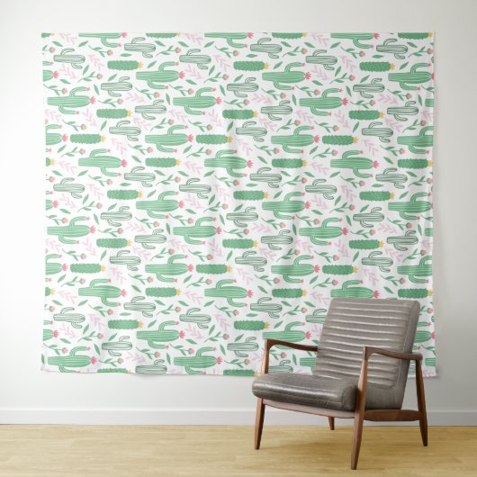 Cute Bright Green Desert Cactus Pattern Wandkleed (In Situ (horizontaal))