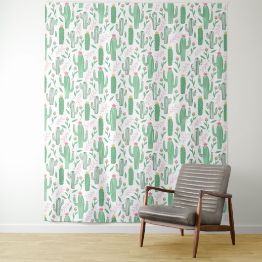 Cute Bright Green Desert Cactus Pattern Wandkleed (In situ)