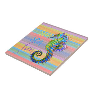 Cute Bright Sunset Colors Artsy Seahorse Tegeltje