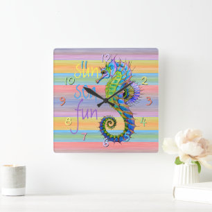 Cute Bright Sunset Colors Artsy Seahorse Vierkante Klok