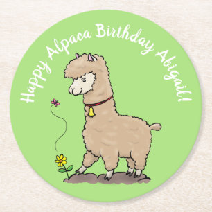 Cute brown alpaca met vlinderjarige cartoon ronde kartonnen onderzetter