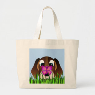 Cute Brown Beagle Puppy Dog en Butterfly Grote Tote Bag