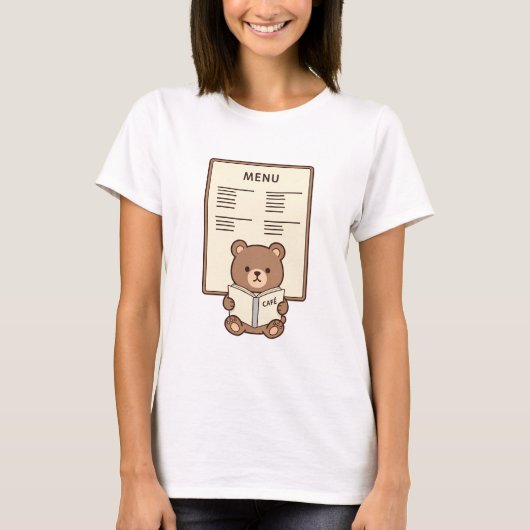 Cute Brown Bear Reading Cafe Menu Illustration T-shirt (Voorkant)