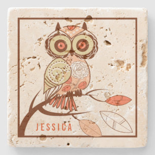 Cute Brown & Beige Owl Illustratie Stenen Onderzetter