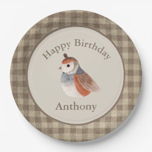 Cute Brown Bird Waterverf Name Birthday Papieren Bordje