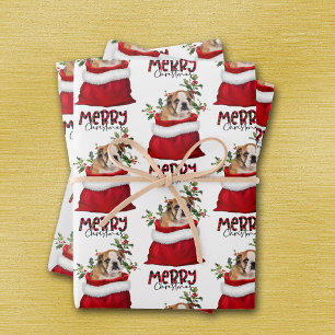Cute Brown Bulldog Puppy in Holiday Gift Bag Inpakpapier Vel