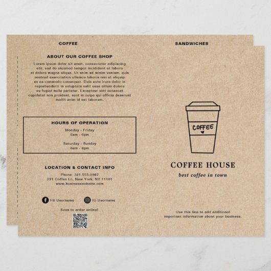 Cute Brown Coffee Cup Coffee Shop Menu (Voorkant / Achterkant)
