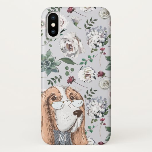 Cute Brown Hipster Dog met Flowers en Monogram Case-Mate iPhone Case (Achterkant)
