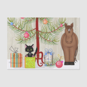 Cute Brown Horse and Kitten Barn-kerstfeestdag Tissuepapier