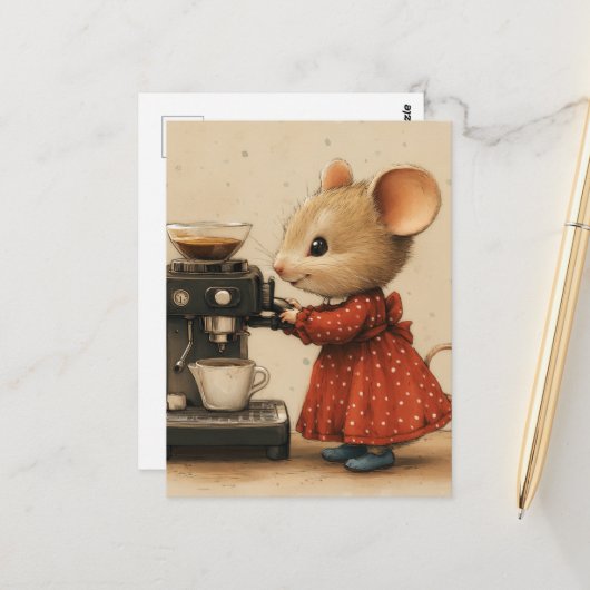 Cute Brown Mouse Makes Coffee Briefkaart (Voorkant / Achterkant in situ)