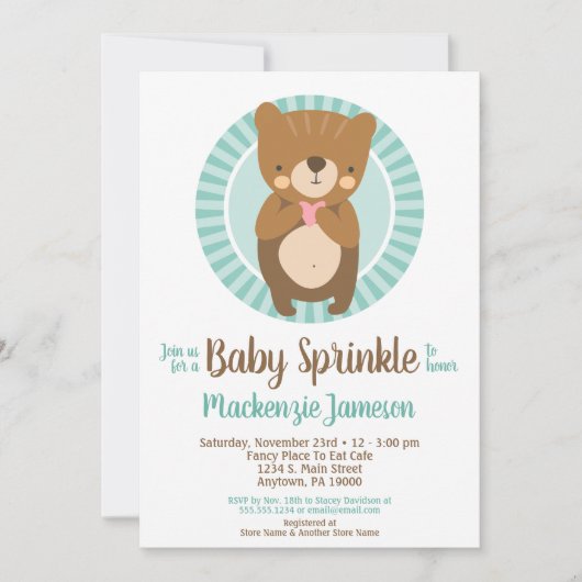 Cute Brown Ours Bébé Sprinkle Invitation Neutral (Devant)