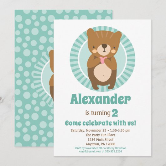 Cute Brown Ours Coeur Anniversaire Invitation Garç (Devant / Derrière)