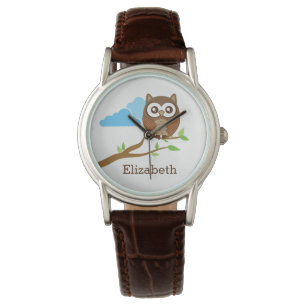 Cute Brown Owl on Branch Add Custom Name Horloge
