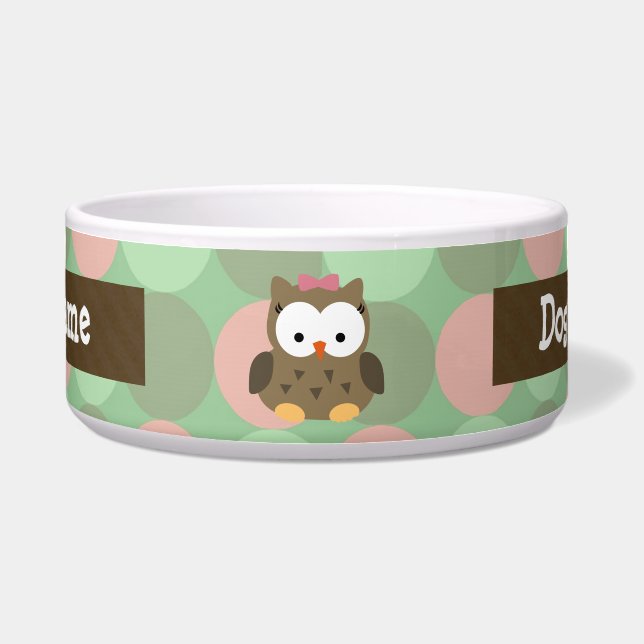 Cute Brown Owl w/roze Bow Voerbakje (Voorkant)