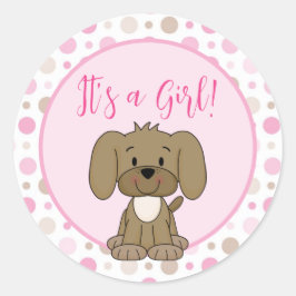 Cute Brown Puppy Dog Pink Polka Dot Baby shower Ronde Sticker