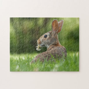 Cute Brown Rabbit met Flower in Grass Easter Legpuzzel