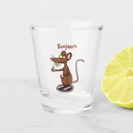 Cute brown rat duikt op cartoon shot glas (Voorkant)