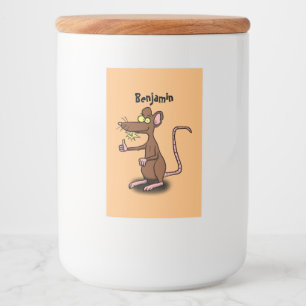 Cute brown rat duikt op cartoon voedselcontainer etiket