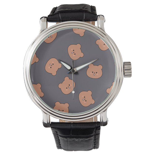 Cute Brown Teddy Bear Face Pattern Dark Blue Horloge (Voorkant)