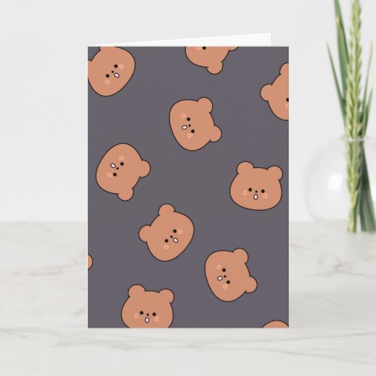 Cute Brown Teddy Bear Face Pattern Dark Blue Kaart (Voorkant)