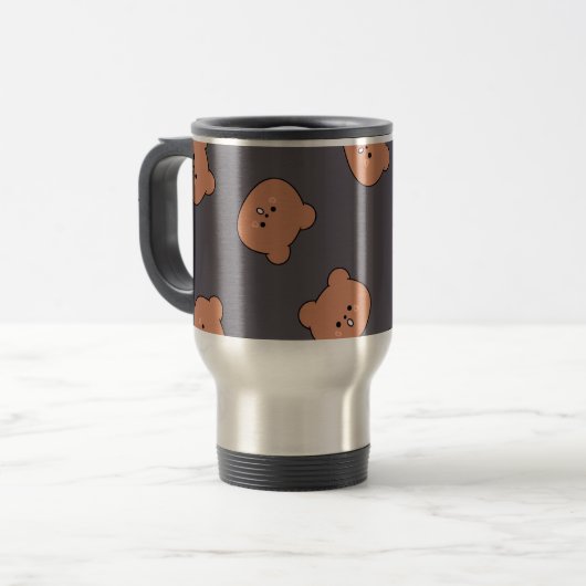 Cute Brown Teddy Bear Face Pattern Dark Blue Reisbeker (Voorkant links)