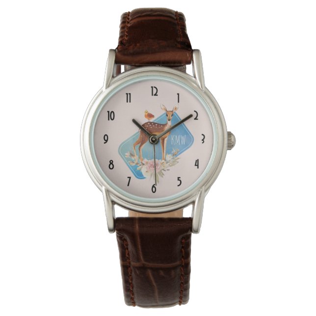 Cute Brown Waterverf Deer Rustic Elegance Horloge (Voorkant)