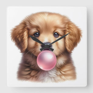 Cute Bruine Puppie Hond Blaast Bubble Gum Kinderka Vierkante Klok
