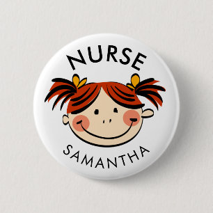 Cute Brunette Cartoon Nurse Name Ronde Button 5,7 Cm