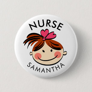 Cute Brunette Cartoon Nurse Name Ronde Button 5,7 Cm